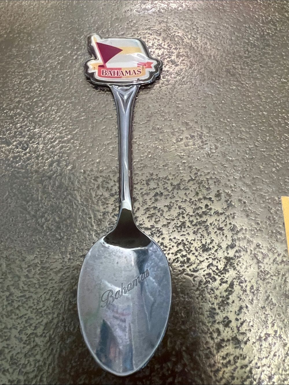 #1964**Bahamas Silver-Tone Souvenir Spoon - Pink and Yellow Accent